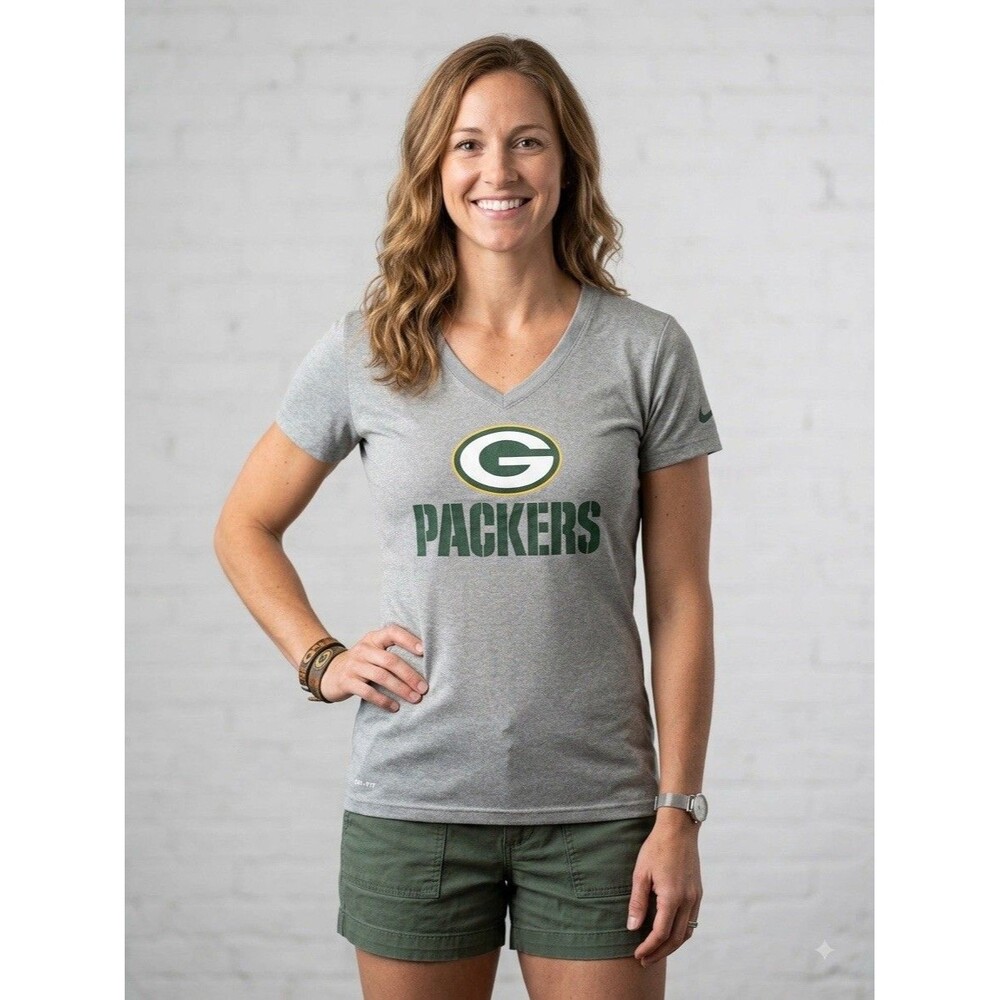 Nike Women Medium Green Bay Packers Shirt Dri-Fit Gray V-Neck Graphic Tee NFL